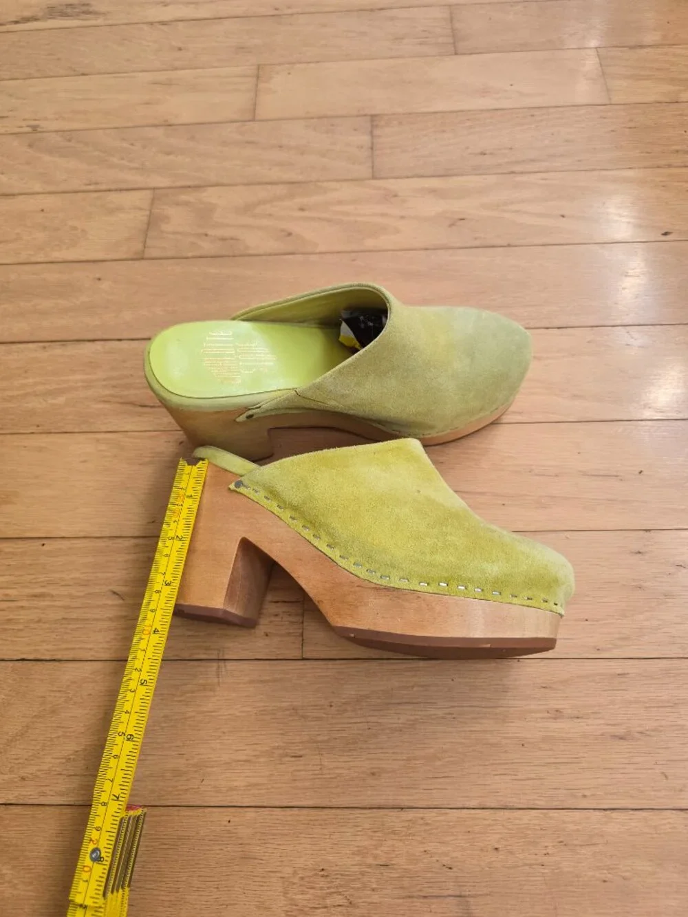 Charlotte Stone | Marlo Lime Green Suede Retro Wooden Platform Mules | WMS 6